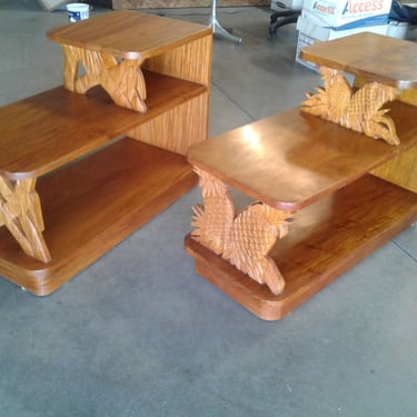Koa wood Pair of Three Tier Tables Tiki Mid Century Rattan style 