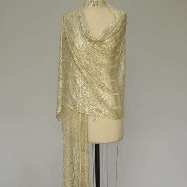 1920s ivory net assuit shawl with silver metallic detail 