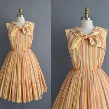 vintage 1950s dress | Sherbet Stripe Print Cotton Summer Day Dress | Small | 50s dress 