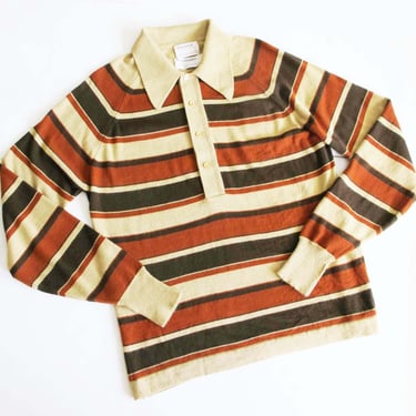 Vintage 70s Striped Collared Knit Long Sleeve Shirt  Large - 1970s Rust Orange Brown Tan Knitted Preppy Rugby Stripe Top Thane 