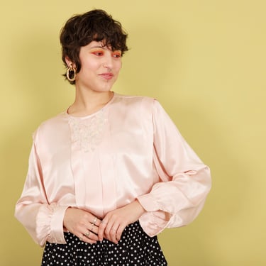 80s Pink Beaded Collar Blouse Vintage Sequin Pleat Long Sleeve Top 