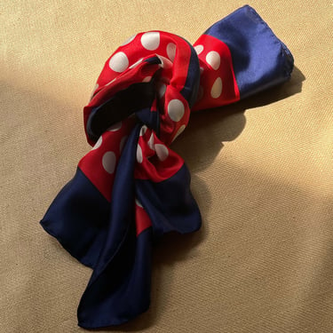 Vintage 1970s red and navy silk polka dot scarf 