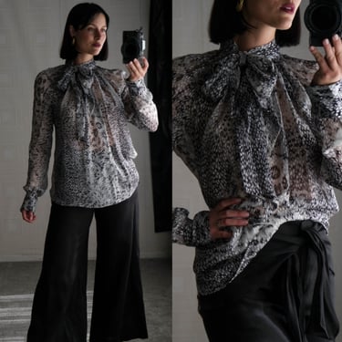 SALVATORE FERRAGAMO Charcoal & Silver Silk Burnout Animal Print Pussy Bow Pullover Blouse | Made in Italy | Y2K Italian Designer Silk Top 