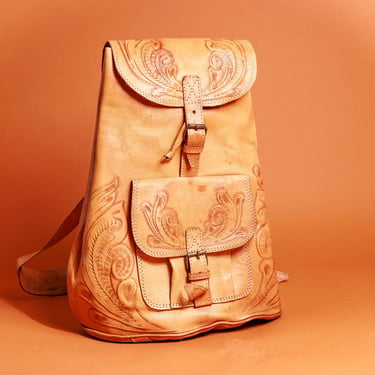 90s Caramel Leather Hand Carved Backpack Vintage Engraved Big Bag 