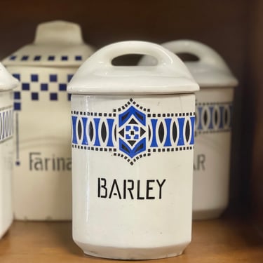 Antique Blue Stencil BARLEY German Dutch Ceramic Canisters  | Blue + White Kitchen | Antique German | Barley Canister French Blue Canister 