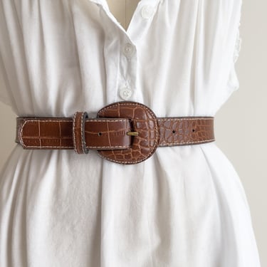 brown alligator belt 80s 90s vintage vegan faux leather statement belt 