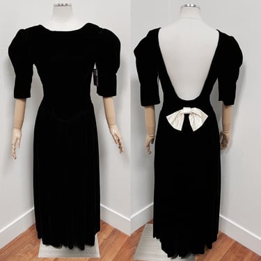 1980s Black Velvet Drop Waist Ball Gown Style Dress w Low Scoop Back & Giant White Bow | Vintage, Retro, Prom, Gothic, Princess, Unique 
