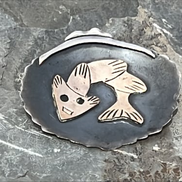 Vintage Chavez ~ Peruvian Sterling Silver Pre Columbian Fish with Black Oxidized Concave Background Pin / Brooch / Pendant 