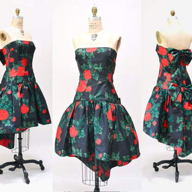 80s 90s Vintage Floral Print Party Prom Dress By Lillie Rubin Rose Print Dress Black Red Printed Party Dress // 80s Party Floral Print Dress 