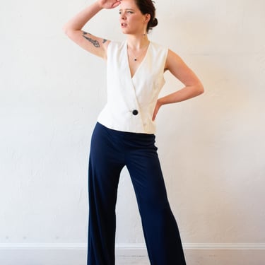 Vintage Oscar De La Renta Navy Slinky Belted Pant L/XL