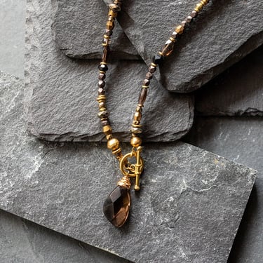 Brass and Mixed Bead Smoky Quartz Pendant Necklace