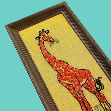 Vintage Giraffe Crewel 1970s Retro Size 17x8 Bohemian + Animal Embroidery + Red + Pink + Flowers + Yellow Fabric Background + Boho Wall Art 
