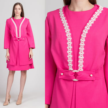 60s Pink Dress & Sleeveless Jacket - Large to XL | Vintage Long Sleeve A Line Shift Matching Two Piece Set 