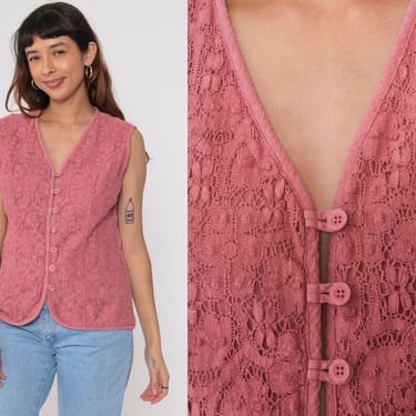 Pink Lace Vest 80s Floral Tank Top Sleeveless Blouse V Neck Button Up Shirt Cut Out Hippie Boho Vintage 1980s Cotton Medium 