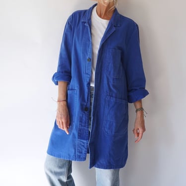 Vintage Blue Chore Duster Shop Work Coat | Utility Blue Cotton Chore Smock Jacket | Painter Shop Coat Trench 