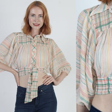 Jody T Prairie Blouse Vintage 70s Striped Poet Sleeve Crop Top Womens Button Up Half Shirt 
