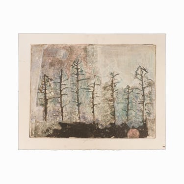 Vintage Collagraph on Paper Forest Print Landscape 