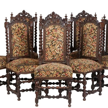 Antique Dining Chairs, French Provincial Louis XIII Style, 8, Carved Oak, 1800s!