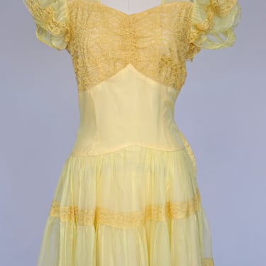 1930s yellow chiffon maxi dress with lace XS/S 