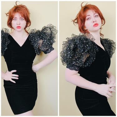 1980s Vintage Susan Roselli by Vijack Black Velvet Wiggle Dress / 80s Statement Tulle Gold Dot Puffed Sleeve Dress / Small - Medium 