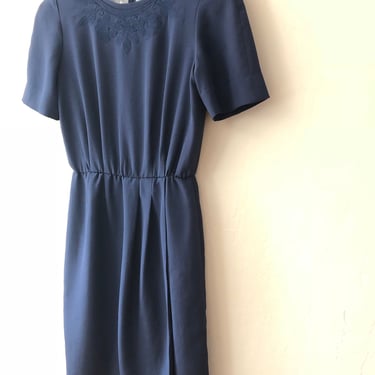navy sweetpea 80s day dress // vintage 80s dress // 1950s style dress // 1940s style dress // vintage blue dress // size 6, size 8 