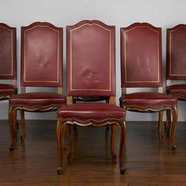 Antique French Louis XV Style Oak Burgundy Vinyl Dining Chairs - Set of 6 