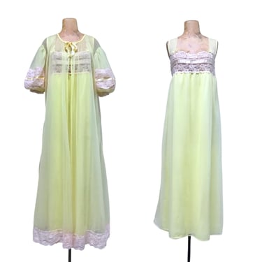 Vintage 1970s Tosca Yellow Peignoir Set, 70s Pastel Nylon Lace Nightgown, Robe w/Full Puffed Sleeves, Medium-Large 36