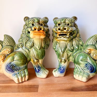 Pair of Shisa Majolica Style Foodogs. Vintage Polychrome Ceramic Glazed Guardian Lions. 