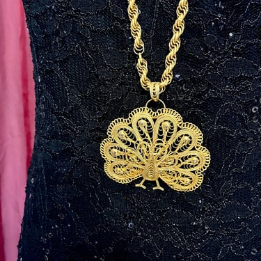 Peacock Statement Necklace, Ornate Filigree Pendant, Large Size, Cut Out, Gold Tone, Vintage 