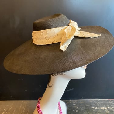 1940s hat, black straw, wide brim, vintage millinery, 1930s cartwheel hat, saucer, platter hat, eyelet bow, summer hat, film noir style, vlv 