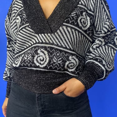1980s Geometric Swirl V-neck Sweater, sz. S/M