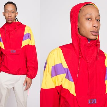80s Red Color Block Windbreaker Hoodie - Men's Medium | Vintage CB Sports Half Zip Pullover Track Jacket 