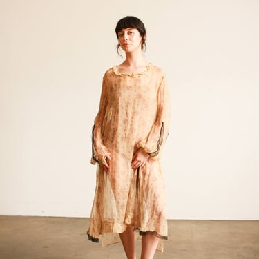 1920s Beige Silk Chiffon Print Long Sleeve Dress 