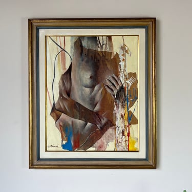 70's Vintage Mixed Media Collage Abstract Nude Woman Painting, Signed 