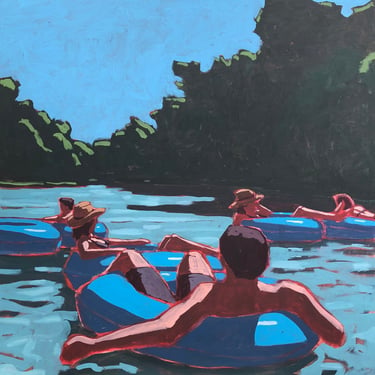 River Floating #6 - Original Acrylic Painting on Canvas, 30 x 30 - tubing, texas, summer, fine art, figurative, michael van, blue 