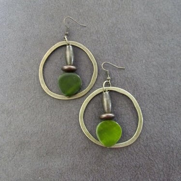 Bronze and green mother of pearl shell teardrop hoop earrings 