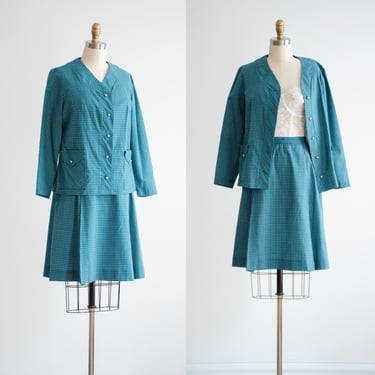 blue plaid suit 60s 70s vintage teal cotton skirt suit 