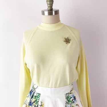 SIZE L Vtg 60s Action Knit Tycora Nylon Pastel Buttercup Yellow Sweater Mockneck Large 