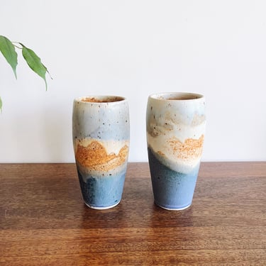 Vintage Studio Pottery Stoneware Ceramic Cups - Pair - Signed 