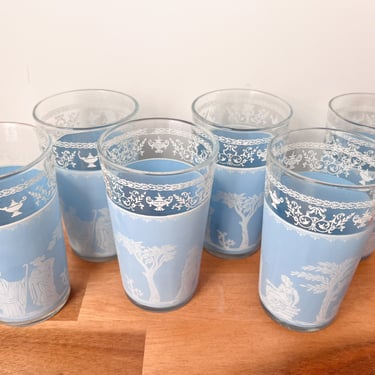 Vintage Jeanette Wedgewood Hellenic Barware. Blue Grecian High Ball Glasses. Mid Century Cocktail Glasses 