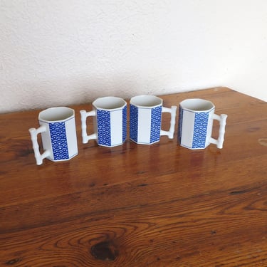 Vintage Blue and White Porcelain China Mugs Bamboo Handle Octagonal Takahashi? 