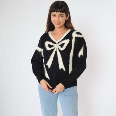 Vintage Beaded Bow Sweater Black Acrylic Angora 80s White Knit Puff Sleeve V Neck Slouchy 1980s Pullover Holiday Jumper Medium M 