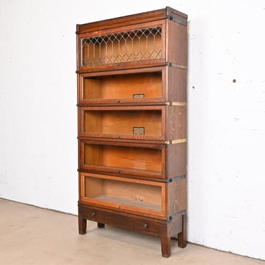 Antique Globe Wernicke Arts & Crafts Oak Five-Stack Barrister Bookcase With Leaded Glass, Circa 1900