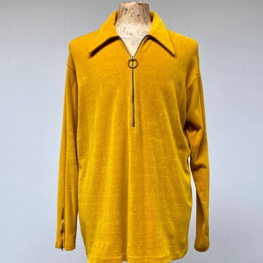 Vintage 1970s Mustard Velour Pullover, 70s Gender Neutral Long Sleeve Zippered Casual Shirt, X-Large 50
