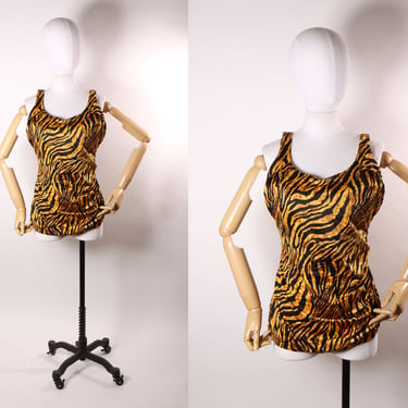 Late 1970s Early 1980s Brown and Black Tiger Stripe One Piece Swimsuit -XL 