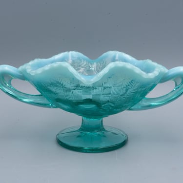 Fenton Glass Fruits and Flowers Teal Opalescent Footed Bonbon | Vintage Art Glass Handled Comport Bowl 
