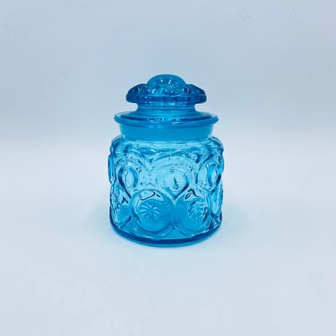 L E Smith Blue Moon Stars Glass Canister, 5" H, Small Canister, Teal Apothecary Jar, Vintage Kitchen Container, Retro Glassware 