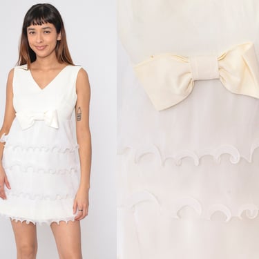 60s Mini Dress White Pleated Ruffle Cocktail Party Dress Flounce Prom 1960s Mod Empire Waist V Neck Sixties Vintage Formal Mad Men Small 