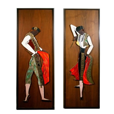 Irina Lorin Signed Pair of Mid Century Modern Ceramic Matador Wall Sculptures 