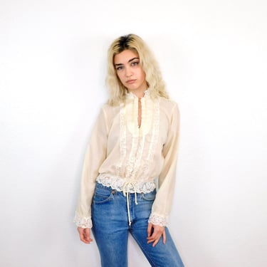 Victorian Blouse // vintage 70s 1970s off white lace ivory dress country prairie high waist cottage core // S/M 